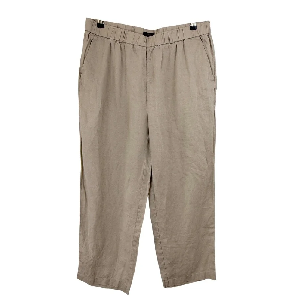 Quince‎ 100% EUROPEAN Linen Wide Leg CROP Pants DRIFTWOOD WOMEN L Elastic Waist